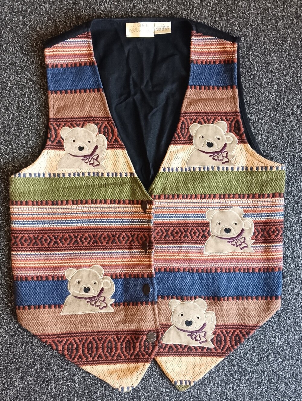 VTG Tapestry Teddy Bear Vest, Woven Stripe Western Boho Fall Button Up Womens 2X